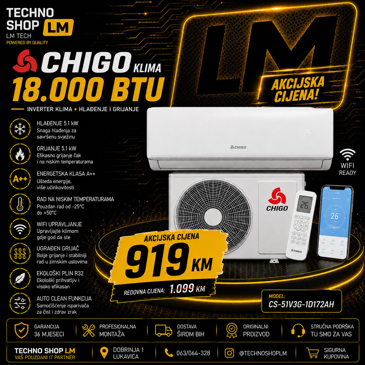 Chigo CS-51V3G-1D172AH Inverter Klima 18000BTU 5.1kW WiFi — fotografija 1
