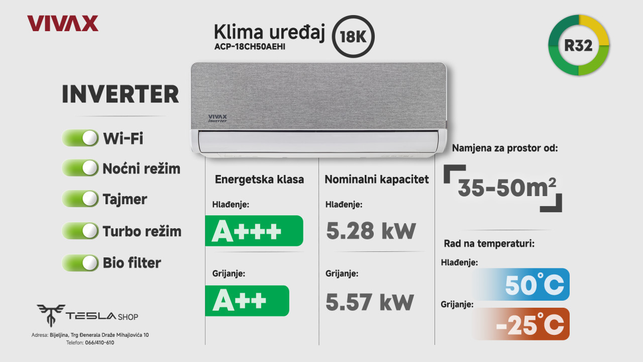 Vivax H+ AEHI 18,ka Inverter Klima Silver -25 ACP-18CH50AEHI+ — fotografija 1