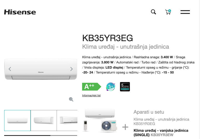 Hisense 12 WiFi A++ INVERTER -20 KB35 Wings PRO 12ka Grijac — fotografija 1