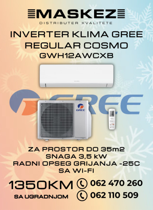 KLIMA SA UGRADNJOM INVERTER 12ka GREE REGULAR COSMO GWH12AWCXB — fotografija 1