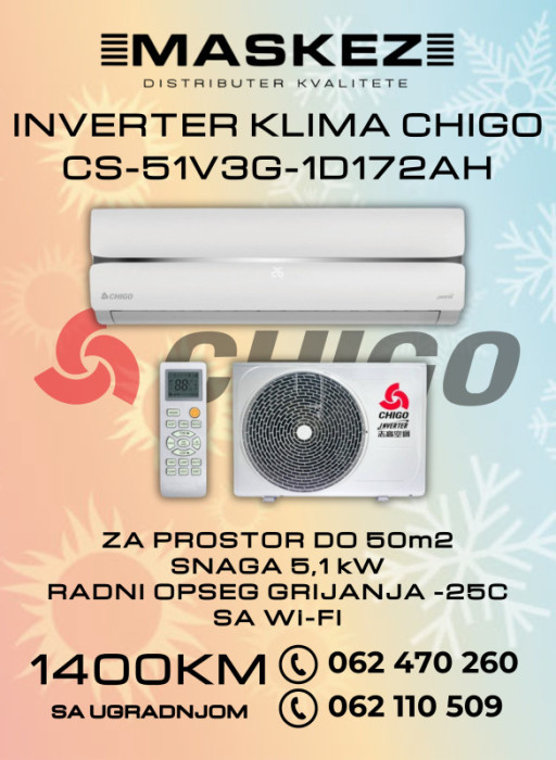 KLIMA SA UGRADNJOM INVERTER 18ka CHIGO CS-51V3G-1D172AH SA WI-FI — fotografija 1