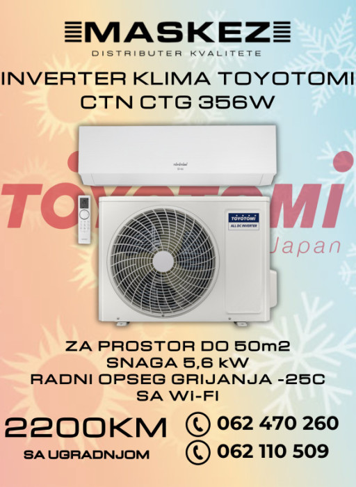 KLIMA SA UGRADNJOM INVERTER 18ka TOYOTOMI CTN CTG 356W SA WI-FI — fotografija 1