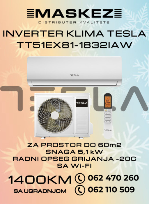 KLIMA SA UGRADNJOM INVERTER 18ka TESLA TT51EX81-1832IAW SA WI-FI — fotografija 1
