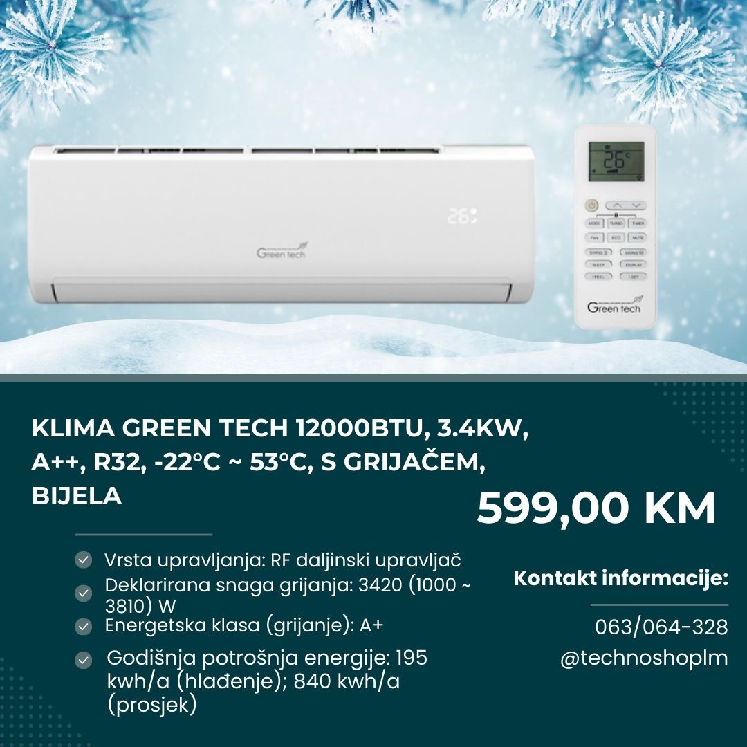 Klima Green Tech 12000BTU, 3.4kW, A++, R32, -22C -53C, s grijačem — fotografija 1