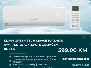 Klima Green Tech 12000BTU, 3.4kW, A++, R32, -22C -53C, s grijačem